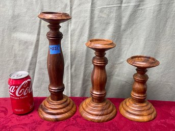 Set Of 3 Vintage Wood Pedestal Candle Holders, Candlesticks