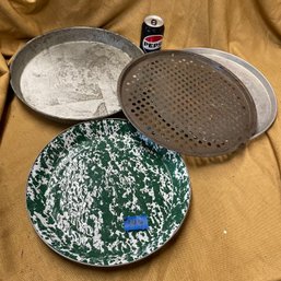 Metal Pan Lot, Including Green & White Graniteware Enamel