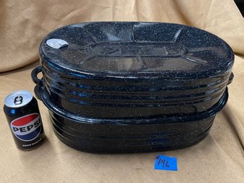 Large Vintage LISK Graniteware 3 Piece Roasting Pan - Black Speckled Enamelware