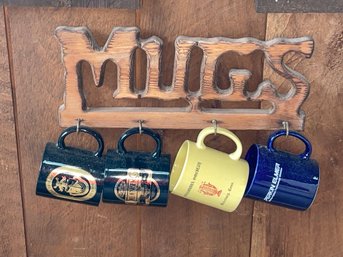 MUGS Vintage Wall Hanging Rack & 4 Coffee Mugs