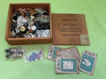 Button Lot In Vintage Wooden Cigar Box