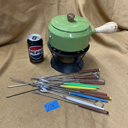 Green Enamelware Fondue Pot & Assorted Forks - Vintage