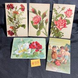 (5) Antique Embossed Postcards - Valentines, Flowers