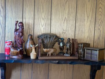 Vintage Wood Lot - Squirrel Book Holder, Coasters, Animal Carvings, Asian Man