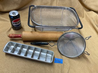 Vintage Kitchen Lot - Rolling Pin, Stainers, Ice Cube Tray