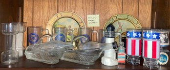 Vintage Lot - Glass Mugs, Metal Plates, 'Un-Candles' And More