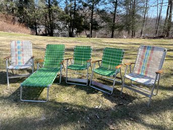 5 Vintage Webbed Aluminum Folding Chairs (Includes Chaise Lounge)