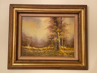 Vintage Framed Landscape Oil Painting - Golden Autumn Scene