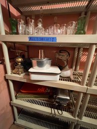 '3 Shelves Of Vintage' Mixed Lot - Decanters, Hamilton Beach Mixer, Enamelware & More