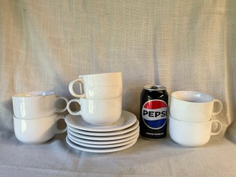 White Glazed Stoneware 6 Sets Of Cups & Saucers VINTAGE