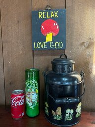 Vintage Mushroom Decor Lot - RELAX LOVE GOD, Candle, Milk Can