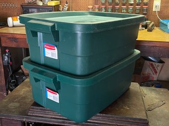 (2) Rubbermaid Roughneck 10 Gallon Plastic Storage Boxes