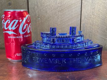 Cobalt Blue Glass 'Remember The Maine' Ship/Boat Candy Dish