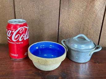 Small Wagner Ware Aluminum Pot (Salesman's Sample?) & Stoneware Bowl