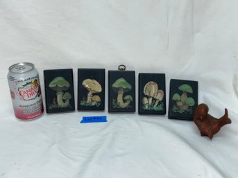 Mushroom Painted Wood Plaques & Bird - Vintage Decor