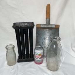 Vintage Country Home Lot - Milk Bottles, Candle Mold, Large Galvanized & Wood Scoop