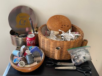 Sewing Baskets Lot - Thread, Notions, Supplies, Pinking Shears