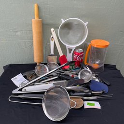 Kitchen Utensils Lot - Strainers, Spatulas, Tongs, Rolling Pin & More