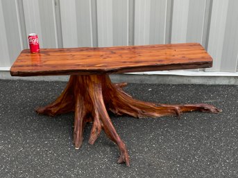Awesome Vintage Table LIVE-EDGE Plank & Natural Tree Trunk, Root Base