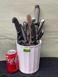 Lot Of Kitchen Knives & Meat Cleavers In Ceramic Jar
