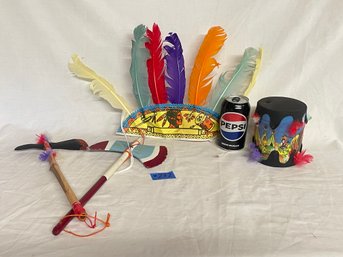 Vintage Indian Dress Up Toys - Headdress, Drum, Tomahawks