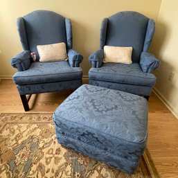 Pair Of Wingback Chairs & Matching Ottoman - Very Comfortable, Quality Bassett Furniture