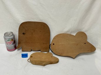 Set Of 3 Wooden Cutting Boards - Mice & Elephant - Cute Vintage