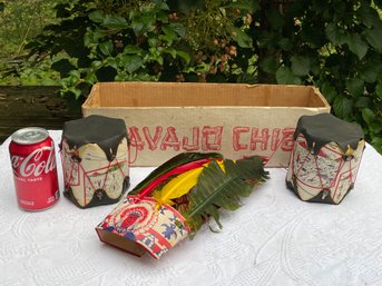 Navajo Chief Vintage Indian Toy Set - Drums & Headdress - American Indian, Halloween Costume