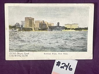 'BATTERY PARK, NEW YORK' Antique Postcard - ZENO CHEWING GUM Ad