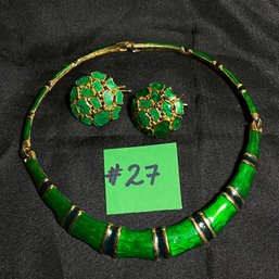 Green Enamel Necklace & Earrings - Vintage Costume Jewelry