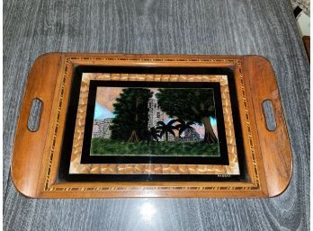 1940s Souvenir Tray From Panama - Reverse Painted Glass, Butterfly Wings