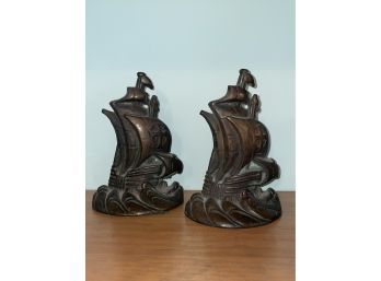 Bronze Ship Bookends Pair