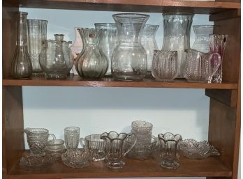 2 Shelves Loaded With Glass Items - Vases, Serving Pieces, Etc.