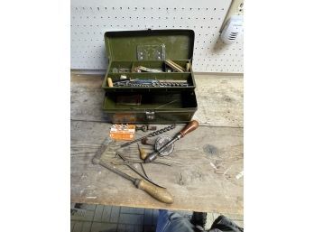 Mixed Lot Of Tools, Hardware In Vintage Metal Box