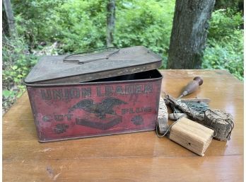 Union Leader Cut Plug Tobacco Tin With Vintage Fishing Gear