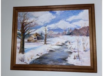 Winter River Scene Oil On Canvas Painting Signed By N. Desmond