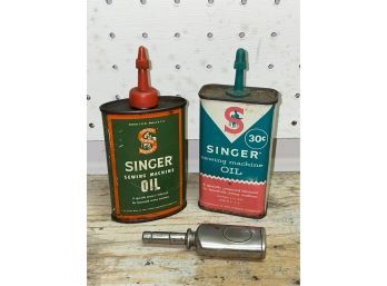 (2) Vintage Singer Sewing Machine Oil Cans & Thumb Oiler