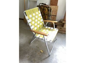 Yellow And White Vintage Webbed Aluminum Folding Chair