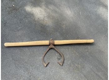 Antique Tongs On Wood - Old Farm Tool