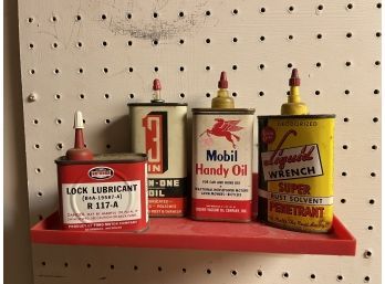 Lot Of 4 Vintage Miniature Oil Cans & Peg Board Shelf