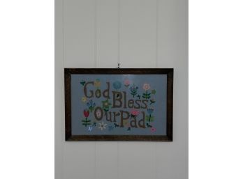 'God Bless Our Pad' Framed Needlepoint