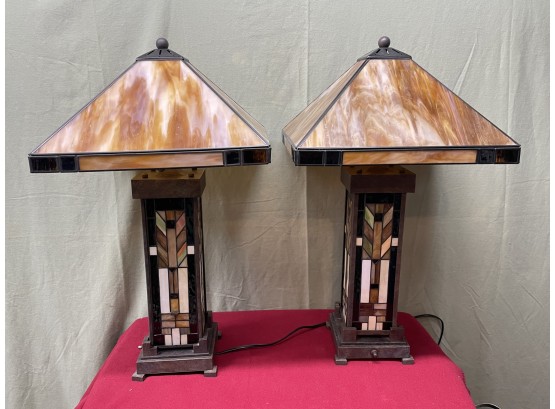 Pair Of Arts & Crafts Stained Glass Lamps - Beautiful Tiffany Style