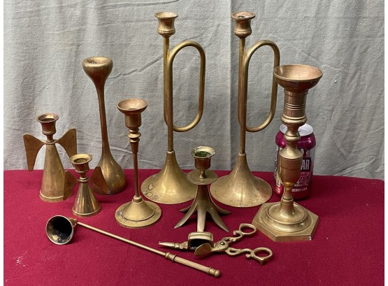 Super Vintage Brass Lot - Candlesticks, Candle Snuffers