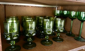 Vintage Green Indiana Glass Kings Crown Thumbprint Goblet 12 Pcs & Four Long Stem Wine Glass