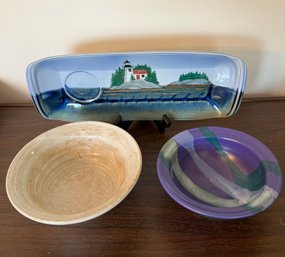 Three Piece Lot Of Pottery Two Bowls One Tray