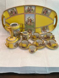 Vintage Antique Czechoslovakia Porcelain Gold Gilt Yellow Tea Set  20 Pieces 4 Sterling Small Spoons