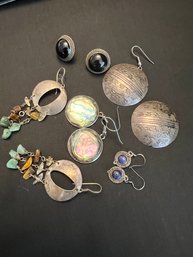 Sterling Silver Earring Lot Five Pair.    Mexico Abalone Sterling Black Onyx Sterling  Silver /dangle Stones