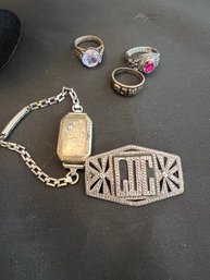 5 Piece Lot, Hallmark  Watch, School Ring, Marcasite Initial Brooch, Amethyst   Ring  Initial Ring