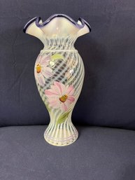 Vintage Fenton Hand Painted Optic Swirl Art Glass Vase Signed