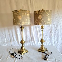 Pair Of Brass Lamps With Embroidered Shades *1 Shade Missing Plastic Inner